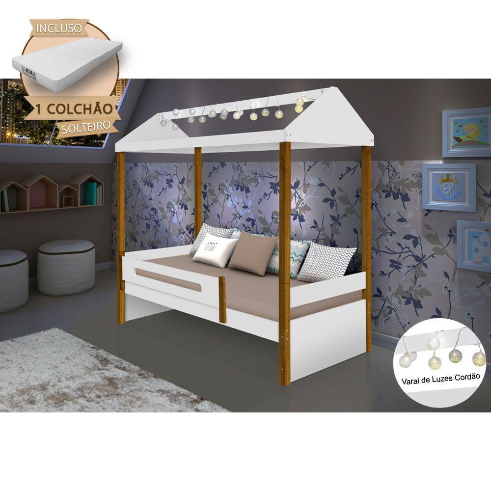 Cama Montessoriana Infantil Sara Solteiro Com Led E Colchão Divaloto - Branco/Amêndoa - Cor: Branco - 1