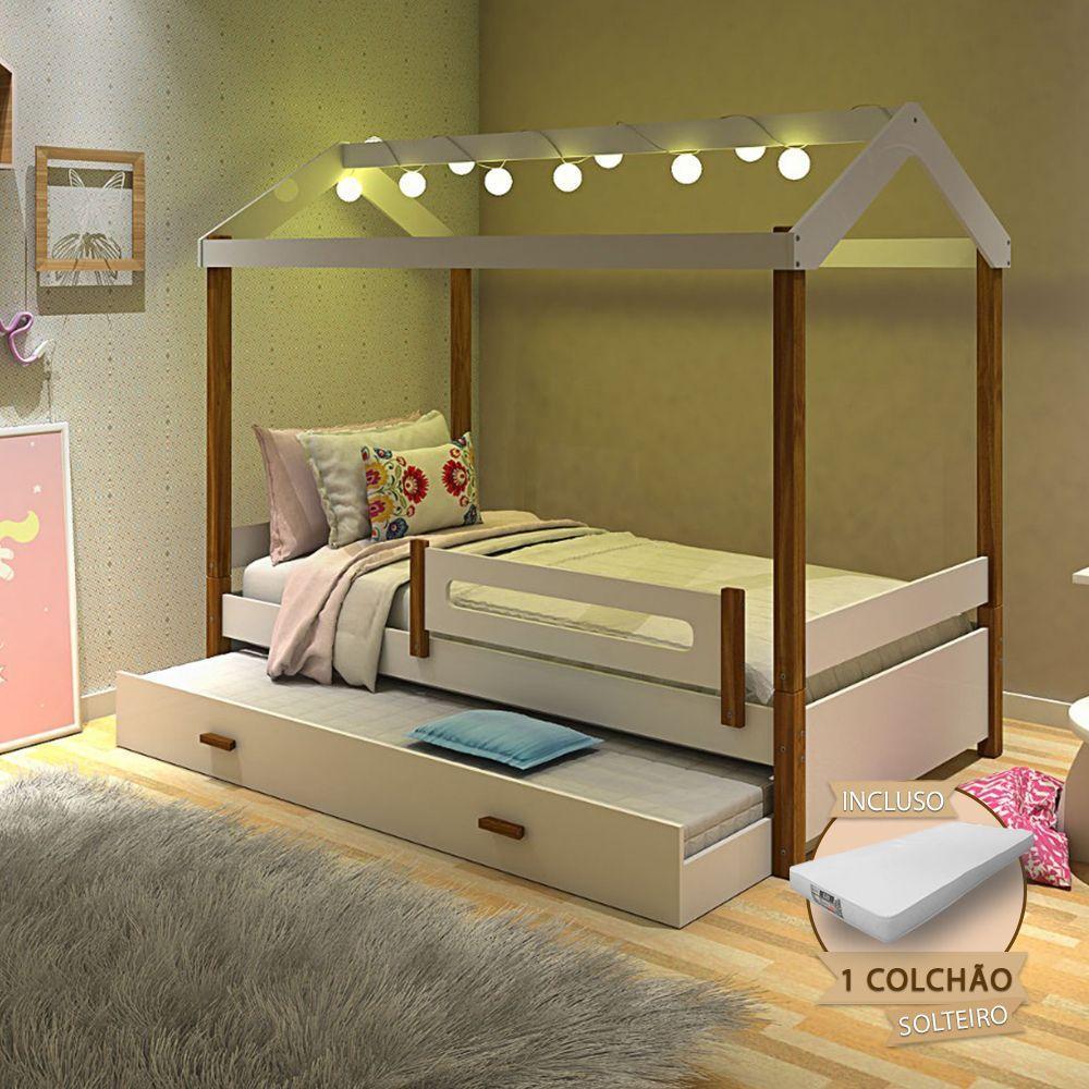 Cama Solteiro Com Auxiliar E Led Casinha Montessoriana Eliz Branco/mel + 2 Colchões Branco - 1