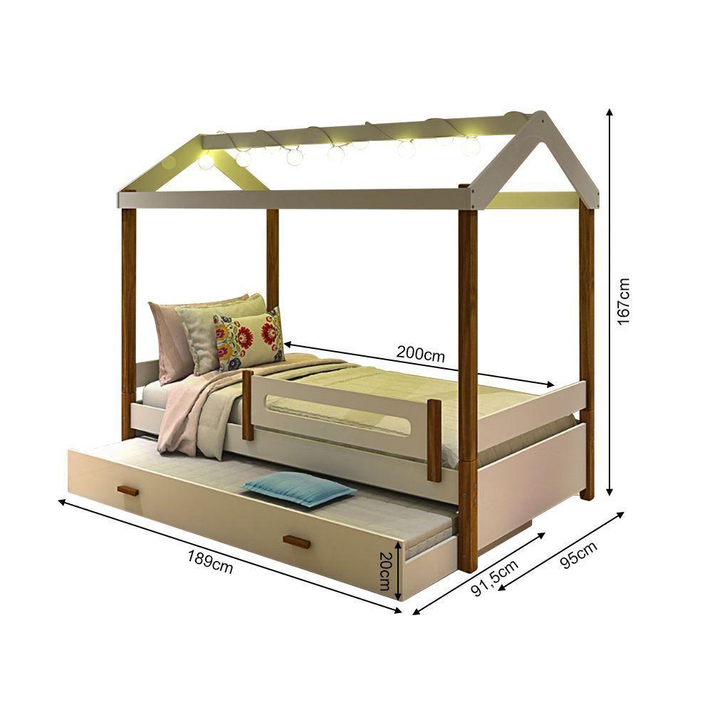 Cama Solteiro Com Auxiliar E Led Casinha Montessoriana Eliz Branco/mel + 2 Colchões Branco - 6