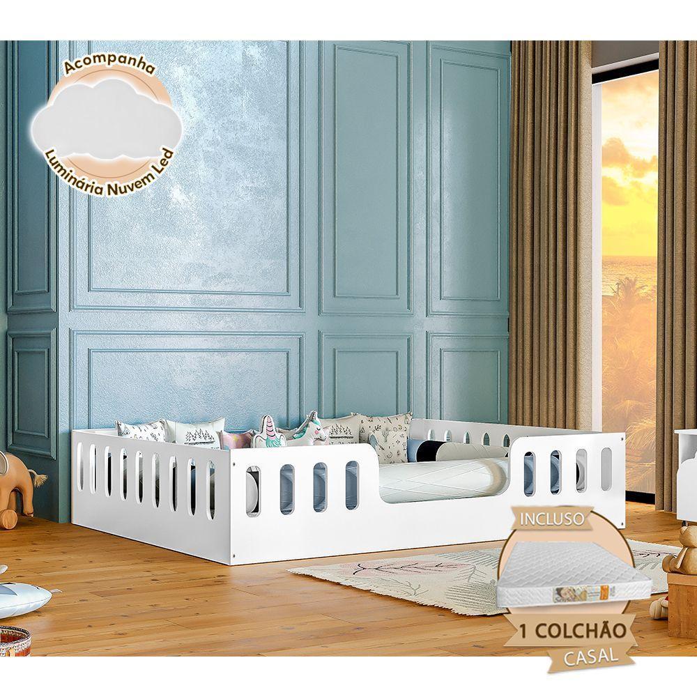 Cama Casal Com Colchão Design Montessoriana Helo Branca + Luminária - Cor: Branco - 1
