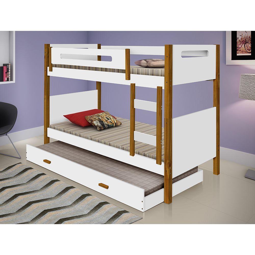 Bicama De Criança Infantil Solteiro Com Cama Auxiliar Heloisa Branca E Mel Branco - 1