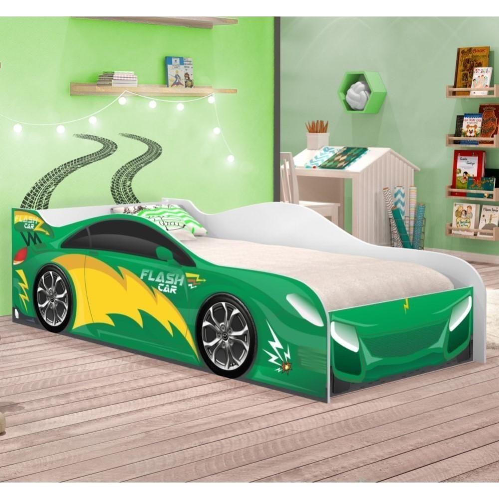 Cama Carro Fast Menino Verde Solteiro Com Colchão - 1