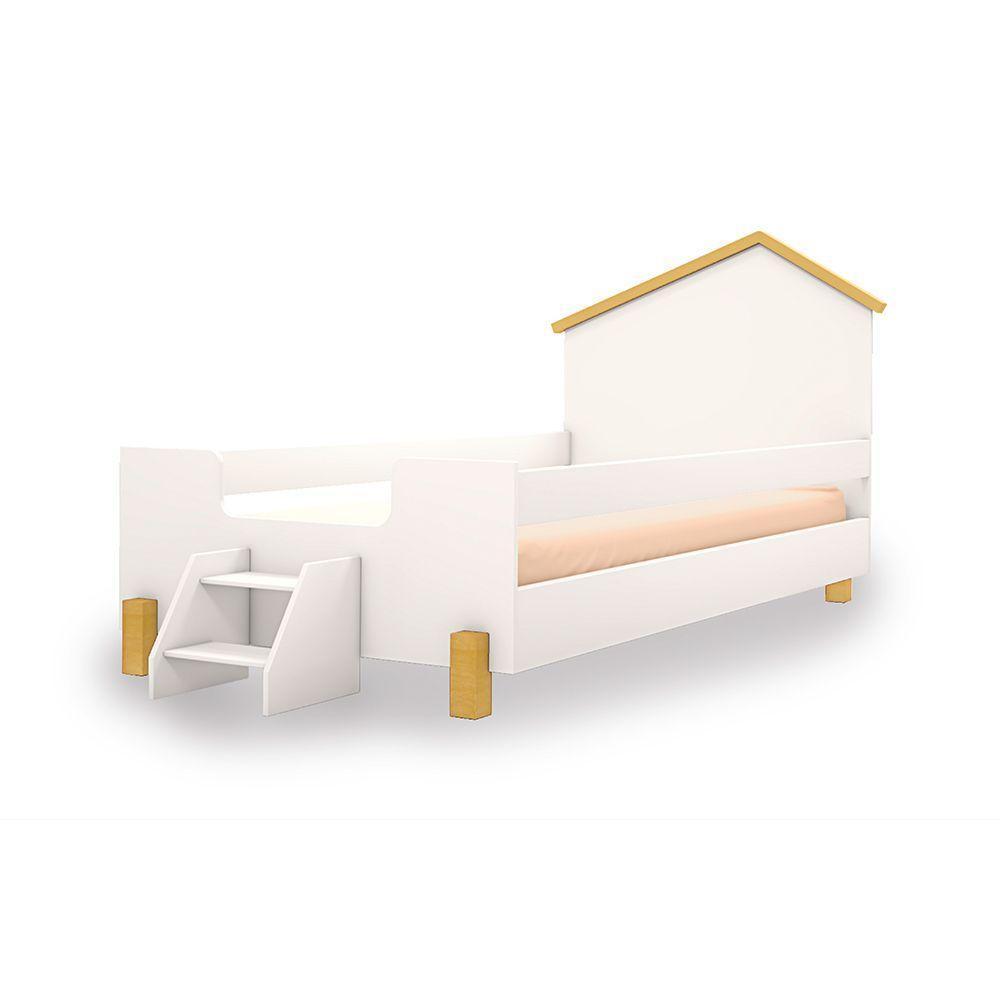 Cama De Criança Infantil Com Colchão E Escadinha Solteiro Ayla Branca E Natural Branco - 4