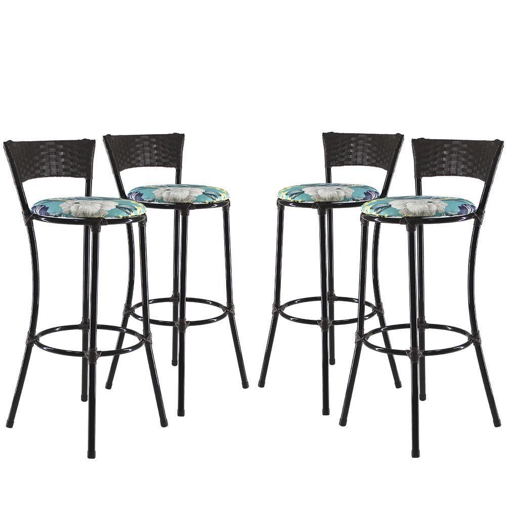 Kit Com 4 Banquetas Altas Forts Azul Floral, Fibra Uv Bancada, área Goumert, Bar, Piscina, Balcão - 1