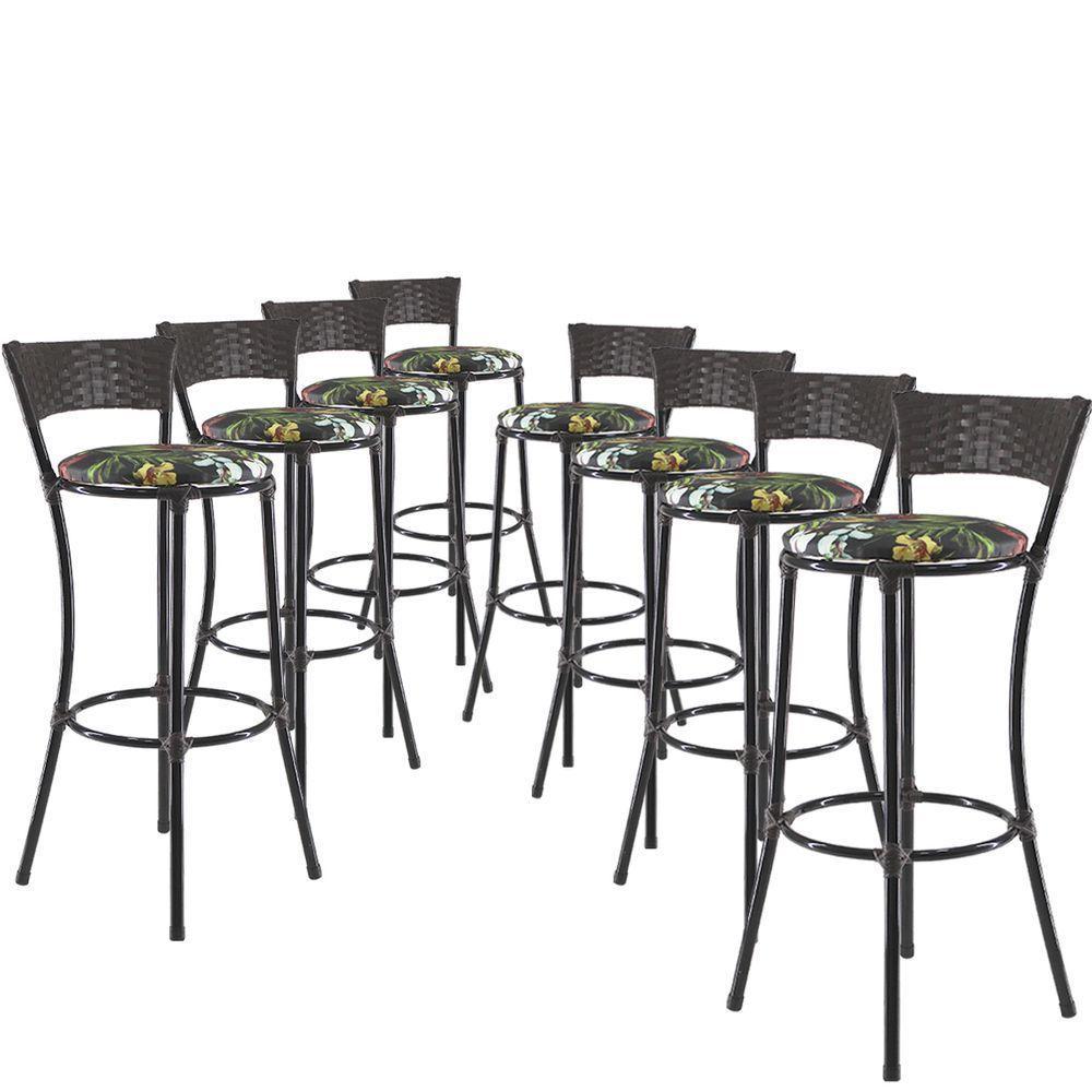 Jogo Com 8 Banquetas Alta Forts Fibra Uv Bancada, área Goumert, Bar, Piscina, Balcão, Floral Preto - 1