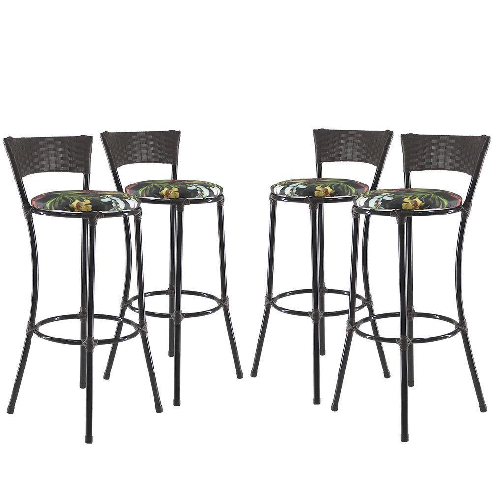 Jogo Com 4 Banquetas Alta Forts Preto Floral, Fibra Uv Bancada, área Goumert, Bar, Piscina, Balcão - 1