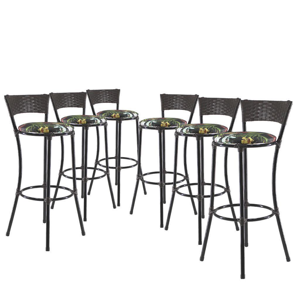 Kit Com 6 Banquetas Alta Forts Fibra Uv Bancada, área Goumert, Bar, Piscina, Balcão, Preto Floral - 1