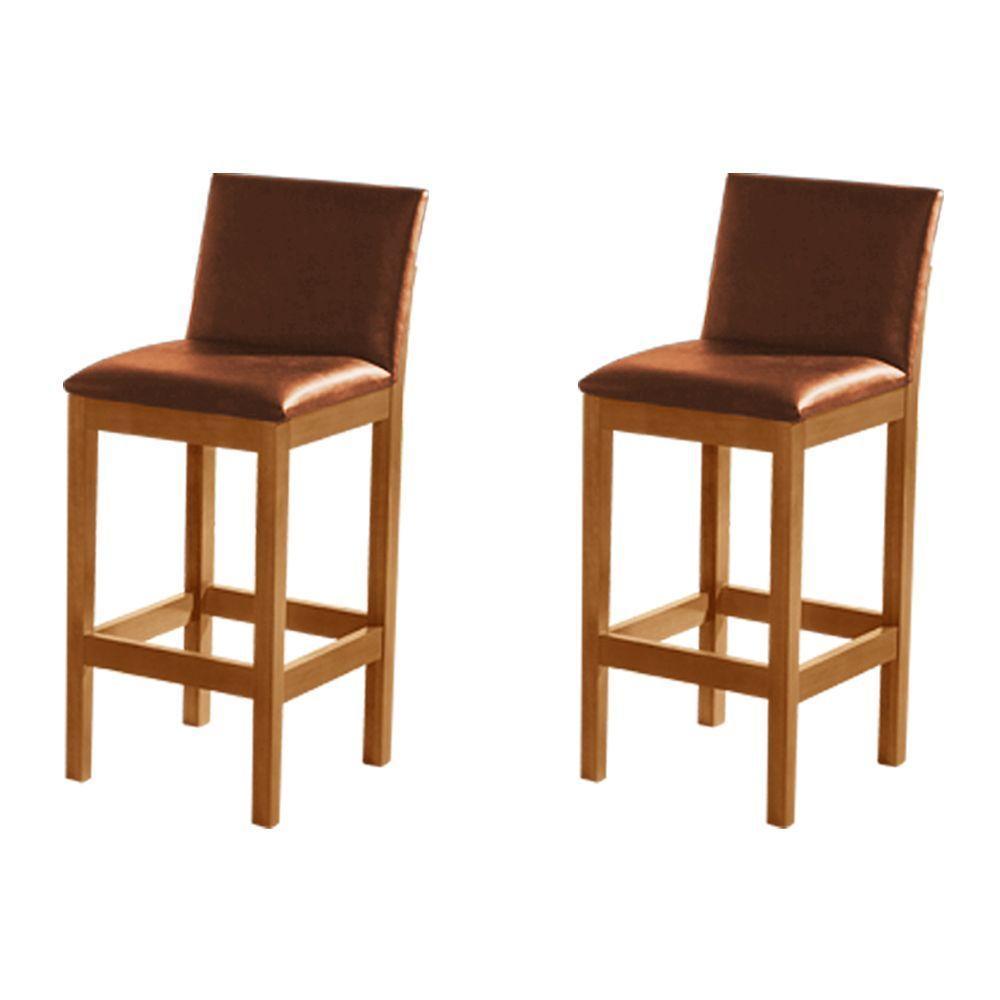 Kit 2 Banquetas Alta Pérola Com Encosto Estofada Em Couro Pu Caramelo Madeira Maciça CastanhoMarrom - 1