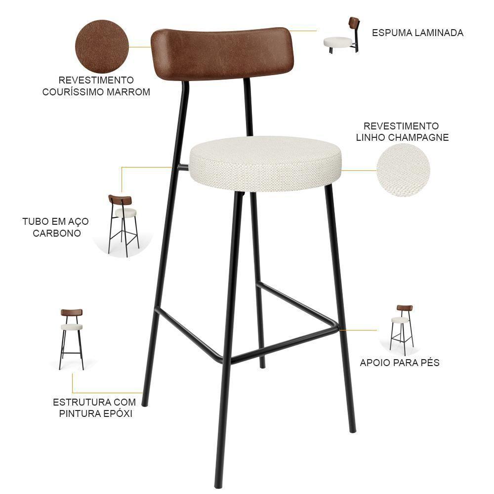 Kit 03 Banquetas Alta Cozinha Sala Jantar Milão L02 Couríssimo Marrom Linho Champagne - 6