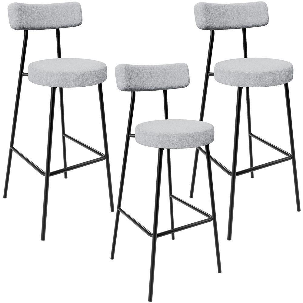 Kit 03 Banquetas Altas Cozinha Bar Sala De Jantar Em Aço Milão L02 Bouclê Cinza - 1