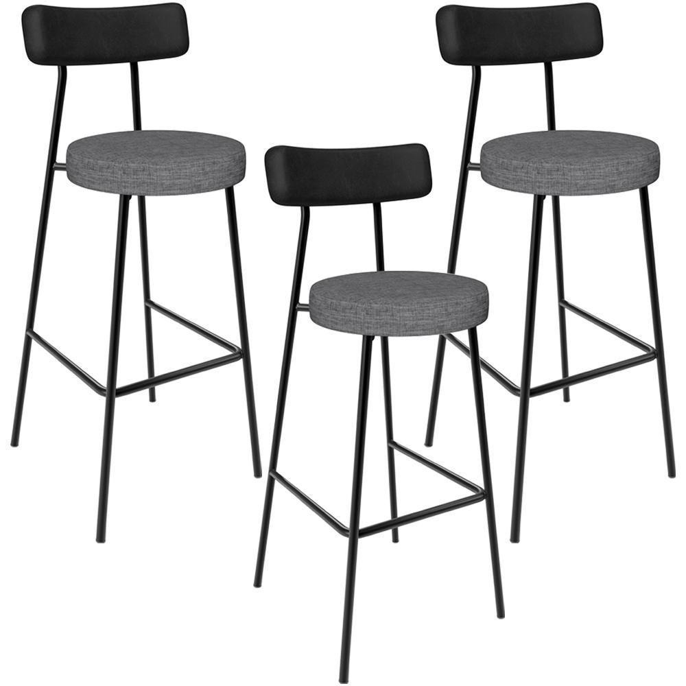 Kit 03 Banquetas Alta Cozinha Sala Jantar Milão L02 Couríssimo Preto Linho Cinza Escuro - 1