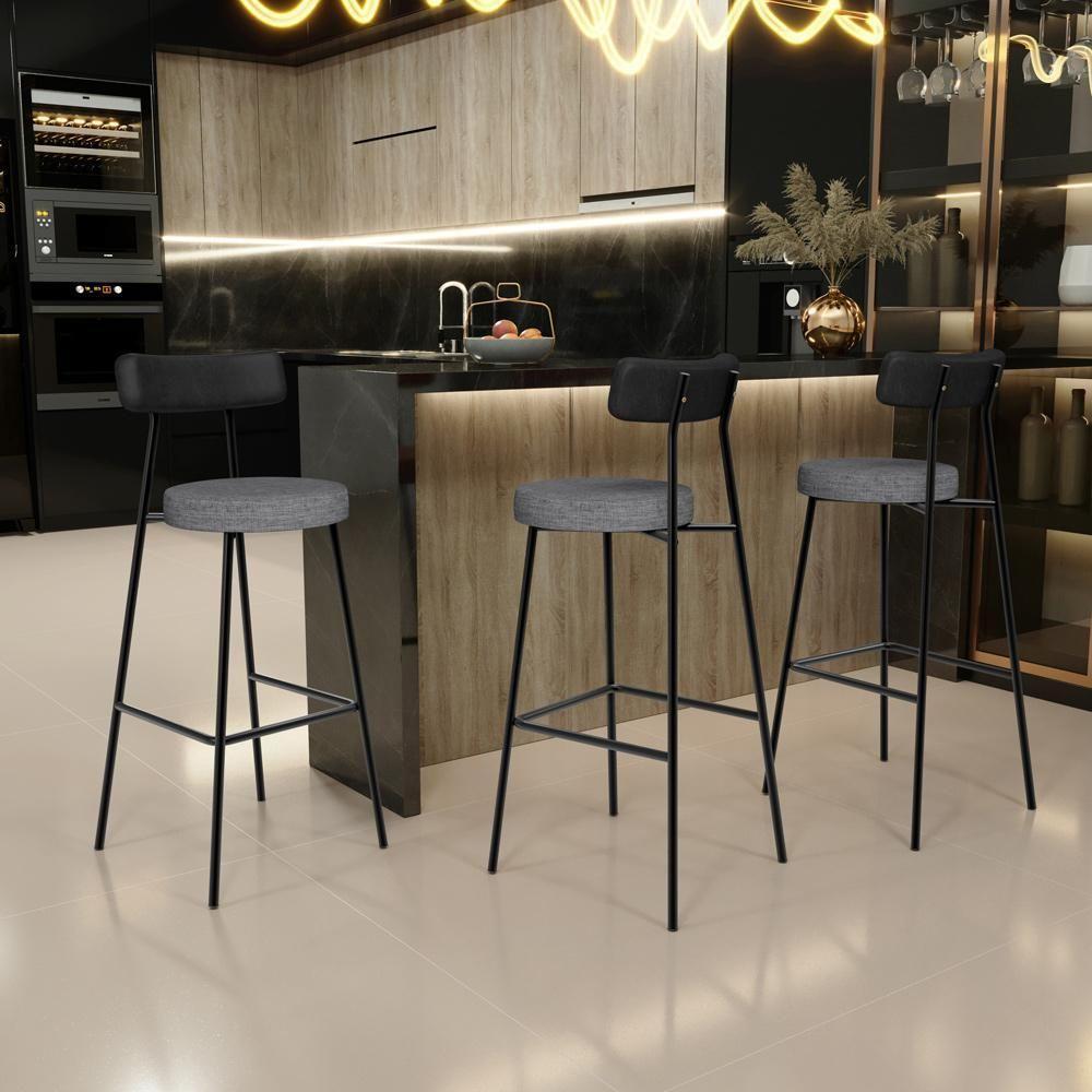 Kit 03 Banquetas Alta Cozinha Sala Jantar Milão L02 Couríssimo Preto Linho Cinza Escuro - 2