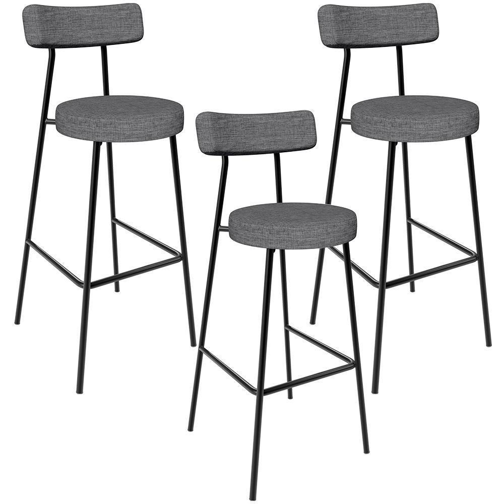 Kit 03 Banquetas Altas Cozinha Bar Sala De Jantar Em Aço Milão L02 Linho Cinza Escuro - 1