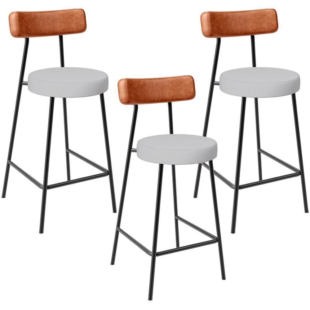 Kit 03 Banquetas Baixa Bar Cozinha Sala Jantar Milão L02 Couríssimo Camel Linho Cinza - 1