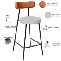 Kit 03 Banquetas Baixa Bar Cozinha Sala Jantar Milão L02 Couríssimo Camel Linho Cinza