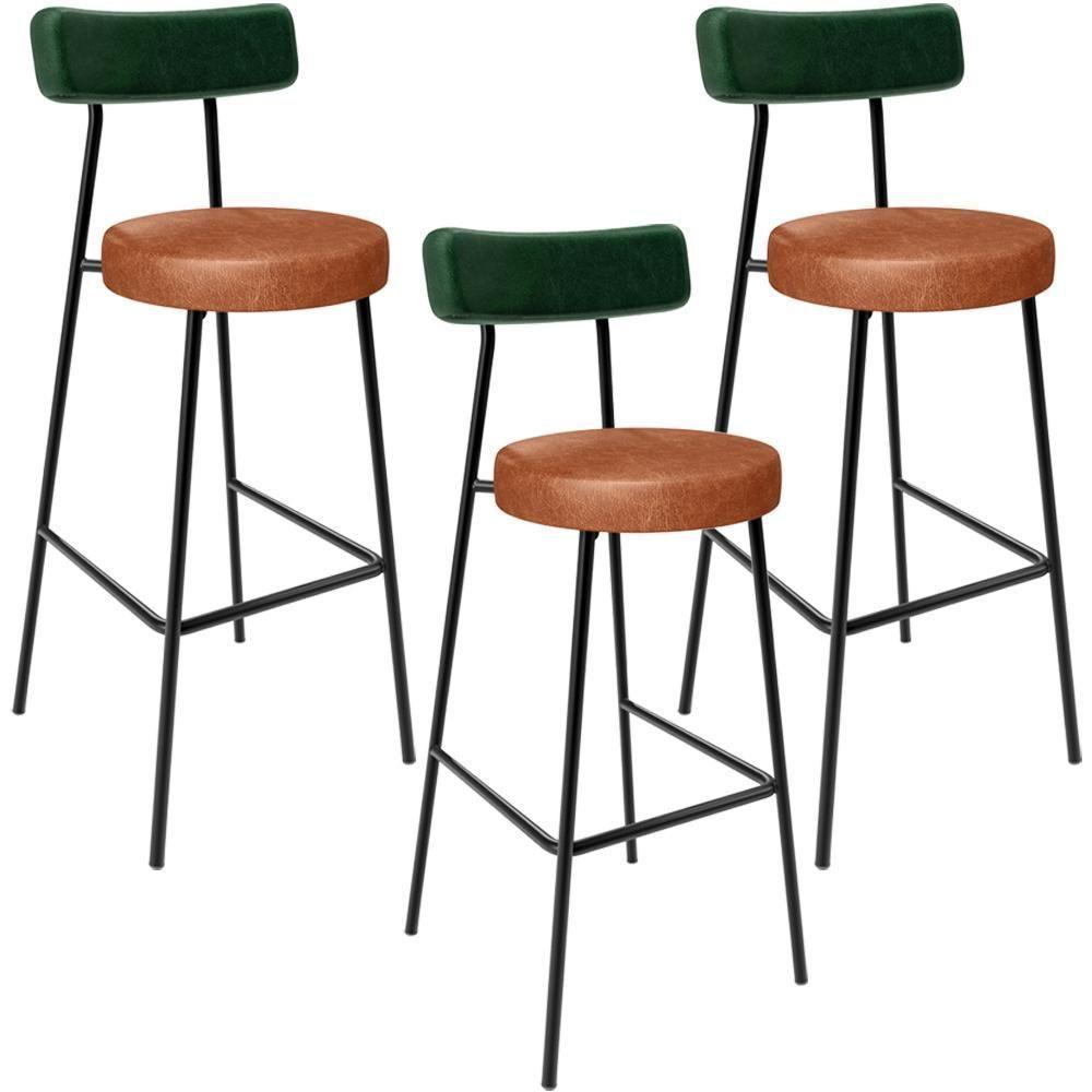 Kit 03 Banquetas Alta Bar Cozinha Sala Jantar Milão L02 Facto Verde Couríssimo Camel - 1