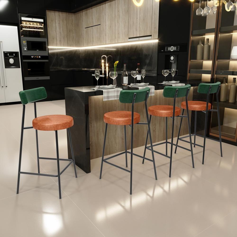 Kit 04 Banquetas Baixa Cozinha Sala Jantar Bancada Milão L02 Facto Verde Musgo Camel - 3