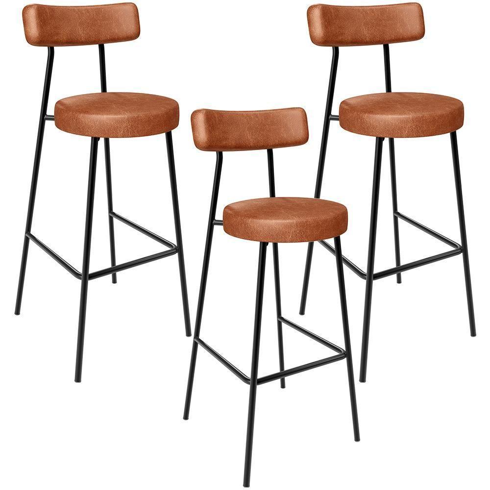 Kit 03 Banquetas Altas Cozinha Bar Sala De Jantar Em Aço Milão L02 Couríssimo Camel - 1