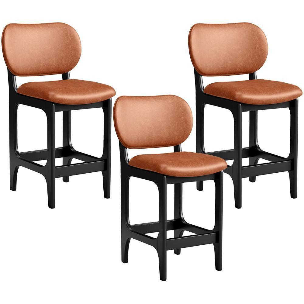 Kit 03 Banquetas Baixa Bar Cozinha E Sala De Jantar Fixa Betta L02 Preto Couríssimo Camel - 1
