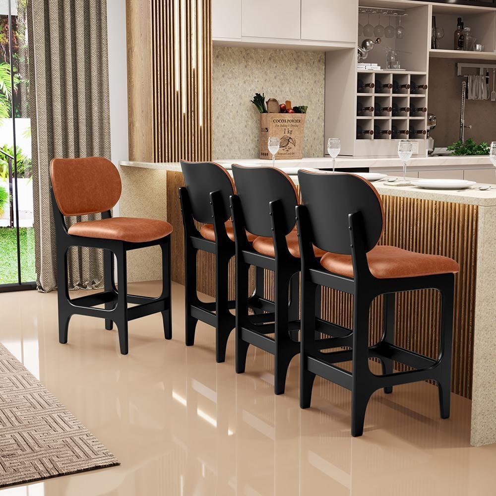 Kit 03 Banquetas Baixa Bar Cozinha E Sala De Jantar Fixa Betta L02 Preto Couríssimo Camel - 7