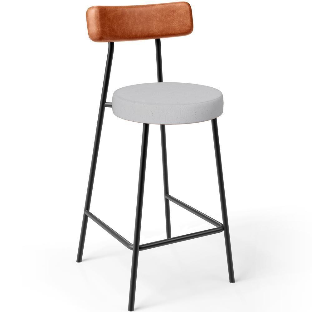 Kit 04 Banquetas Baixa Bar Cozinha Sala Jantar Milão L02 Couríssimo Camel Linho Cinza - 4