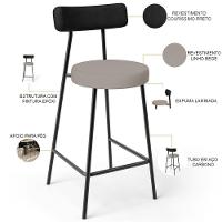 Kit 04 Banquetas Baixa Bar Cozinha Sala Jantar Milão L02 Couríssimo Preto Linho Bege - 5