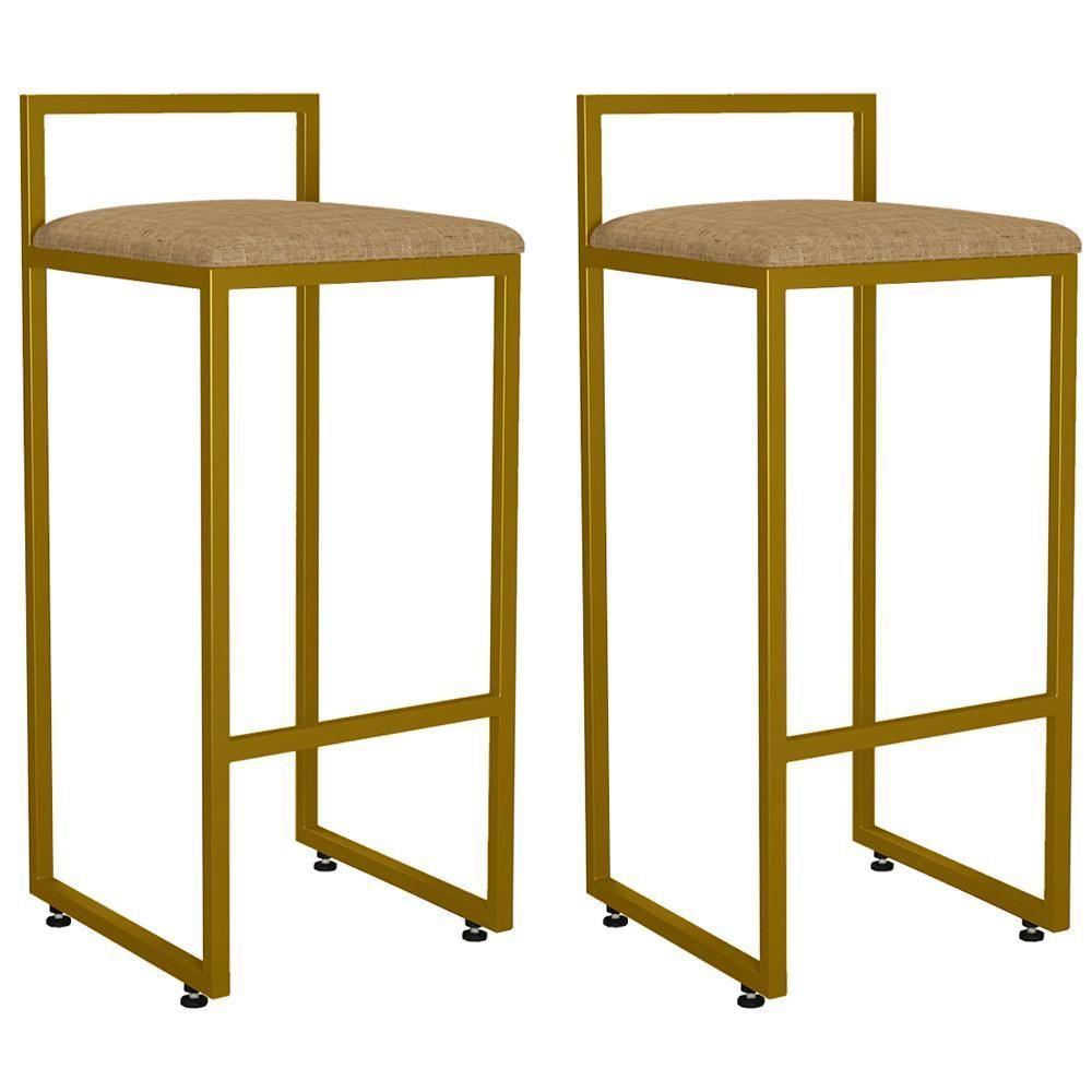 Kit 02 Banquetas Alta Para Cozinha Sala De Jantar Hanna L02 Dourado Linho Bege Escuro - 1
