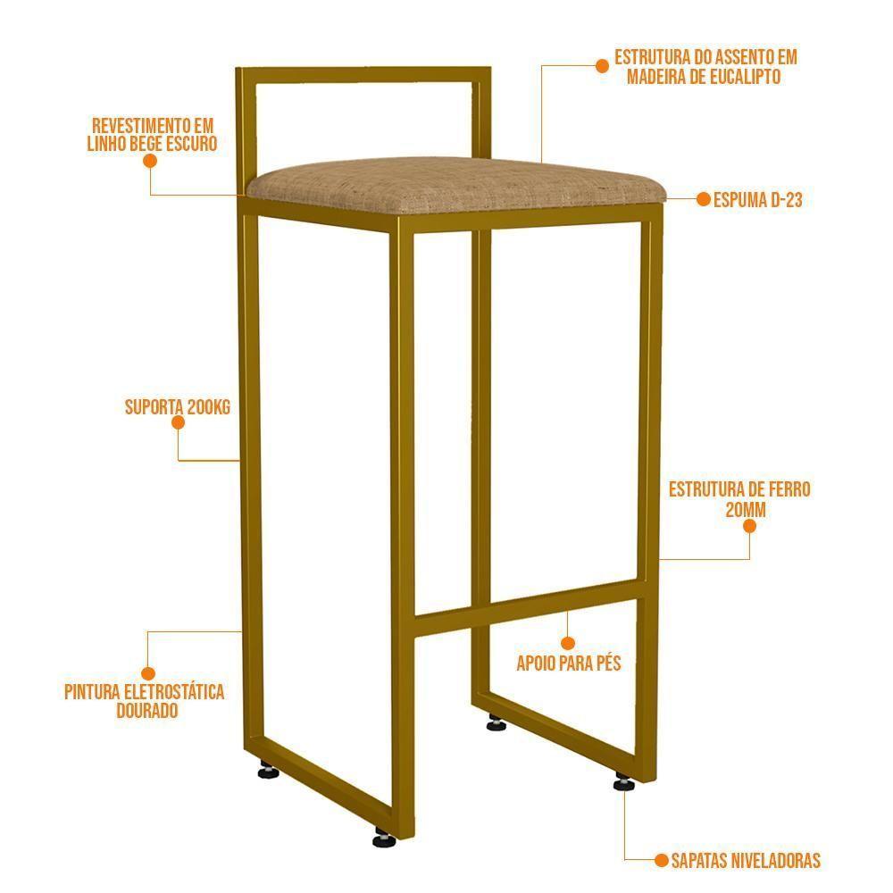 Kit 02 Banquetas Alta Para Cozinha Sala De Jantar Hanna L02 Dourado Linho Bege Escuro - 7