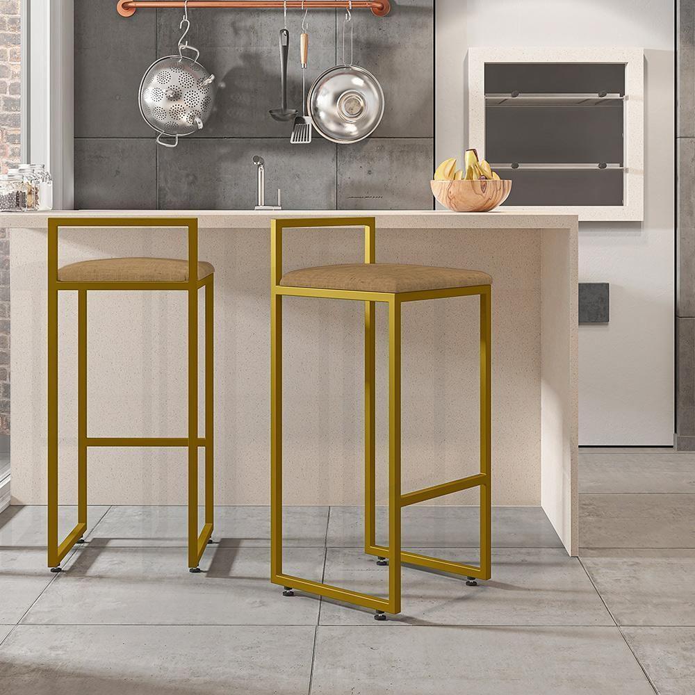 Kit 02 Banquetas Alta Para Cozinha Sala De Jantar Hanna L02 Dourado Linho Bege Escuro - 9