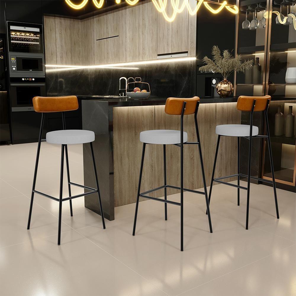 Kit 04 Banquetas Alta Bar Cozinha Sala Jantar Milão L02 Couríssimo Whisky Linho Cinza - 8