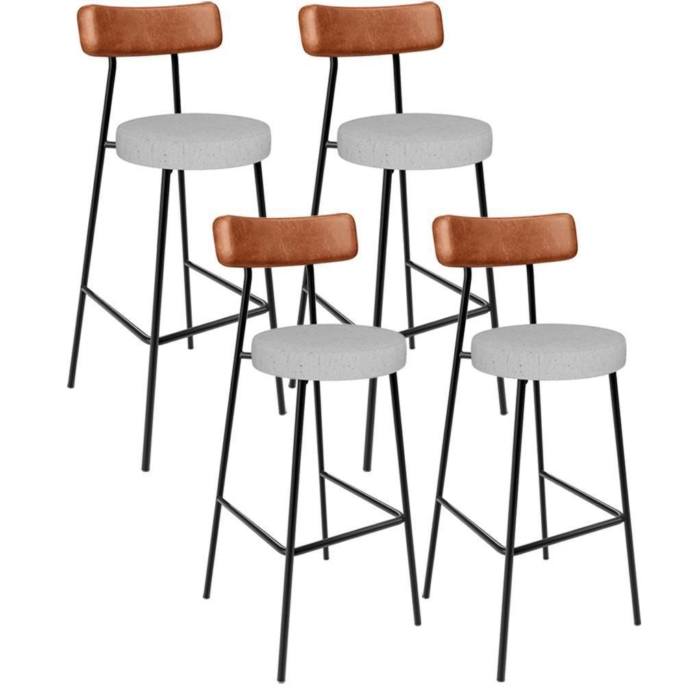 Kit 04 Banquetas Alta Cozinha Sala De Jantar Aço Milão L02 Couríssimo Camel Linho Cinza - 1