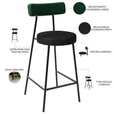 Banqueta Baixa Milão L02 Facto Assento Courino Base Aço com Encosto Altura 60 Preto Verde Musgo