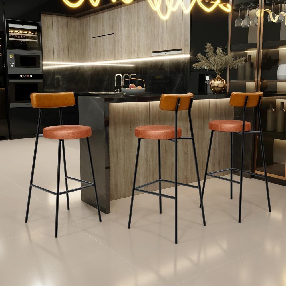 Kit 04 Banquetas Alta Bar Cozinha Sala De Jantar Milão L02 Couríssimo Whisky Camel - 8