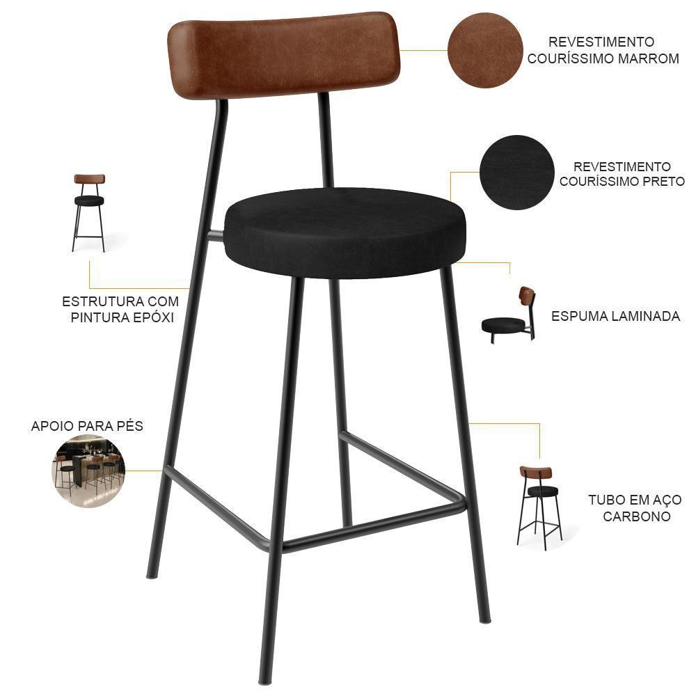 Kit 03 Banquetas Baixa Cozinha Sala Jantar Bancada Milão L02 Couríssimo Marrom Preto - 2