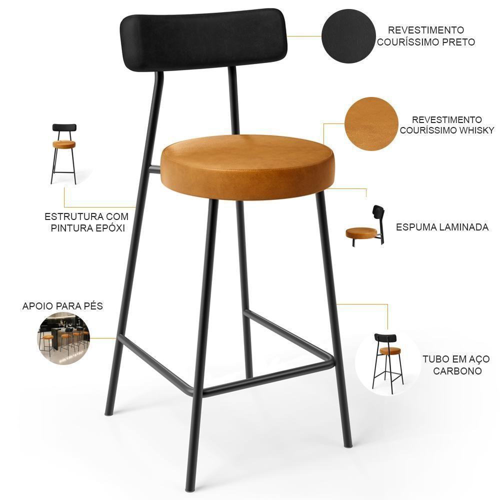 Kit 03 Banquetas Baixa Cozinha Sala Jantar Bancada Milão L02 Couríssimo Preto Whisky - 2
