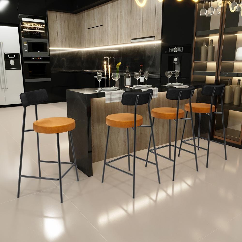 Kit 03 Banquetas Baixa Cozinha Sala Jantar Bancada Milão L02 Couríssimo Preto Whisky - 7