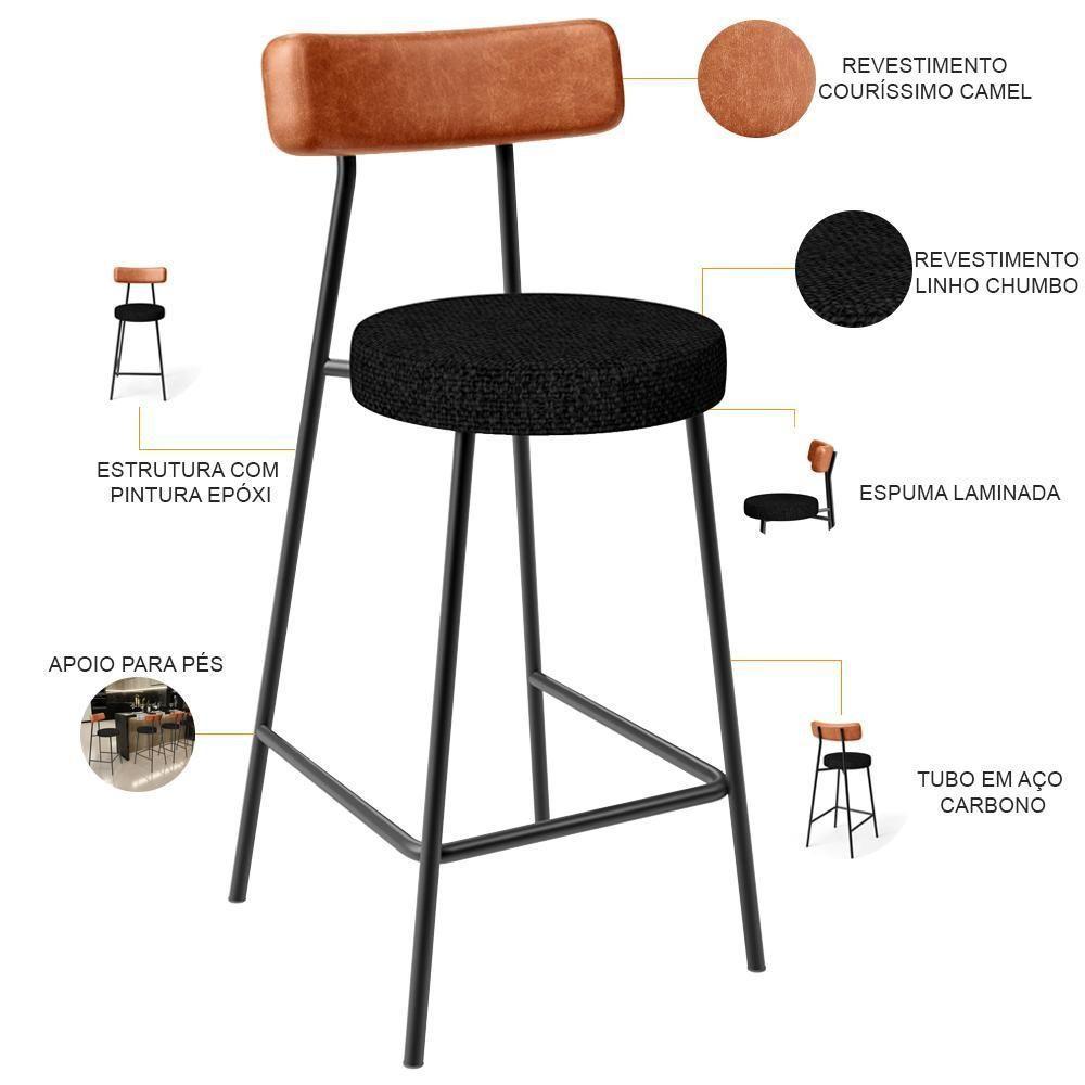 Banqueta Baixa Cozinha Sala Jantar Bancada Milão L02 Couríssimo Camel Linho Chumbo - 3