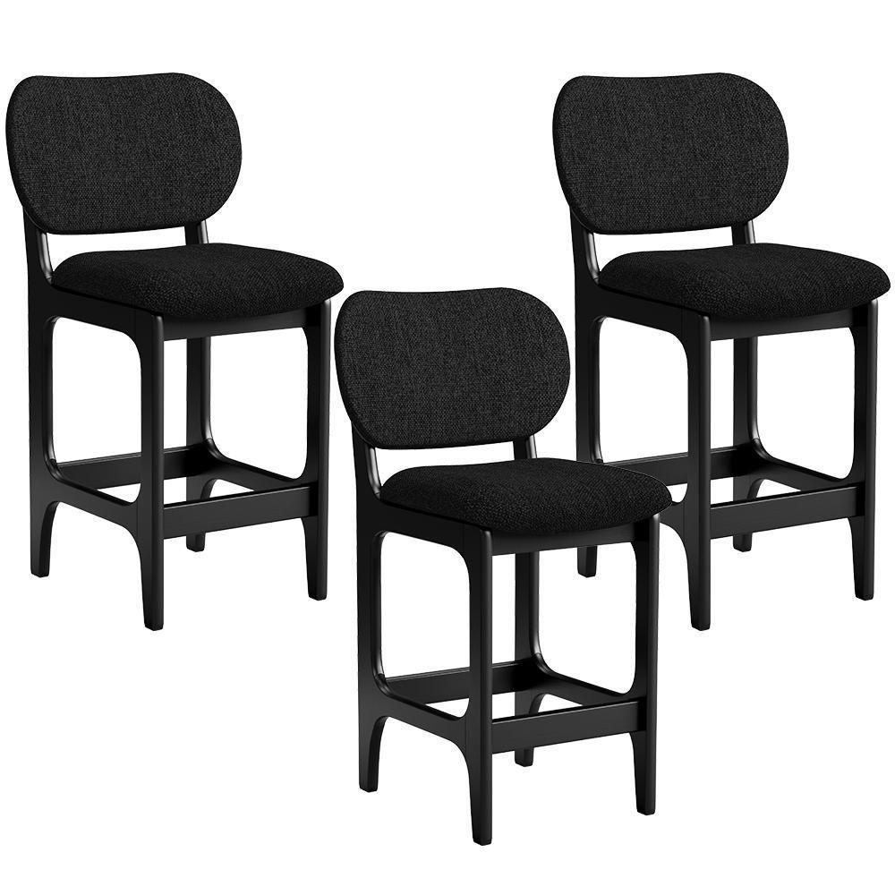 Kit 03 Banquetas Baixa Bar Cozinha E Sala De Jantar Fixa Betta L02 Preto Linho Chumbo - 1