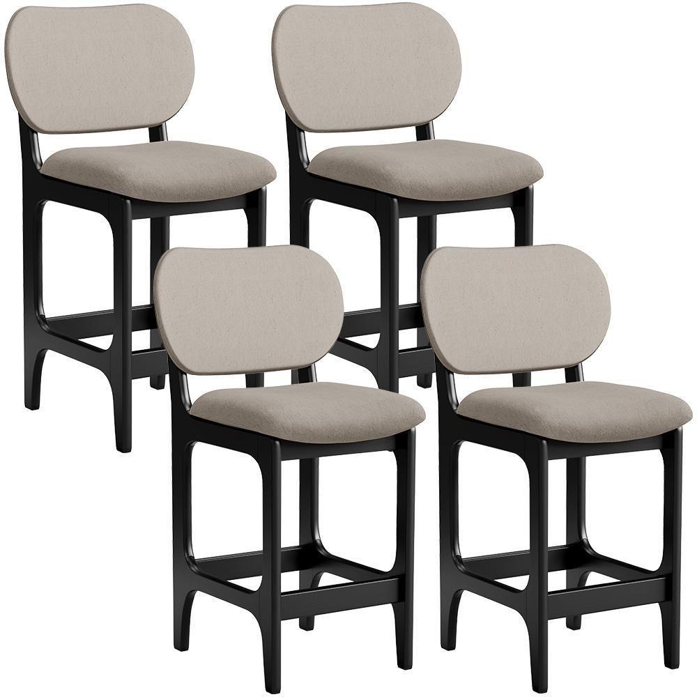 Kit 04 Banquetas Baixa Bar Cozinha E Sala De Jantar Fixa Betta L02 Preto Linho Bege - 1