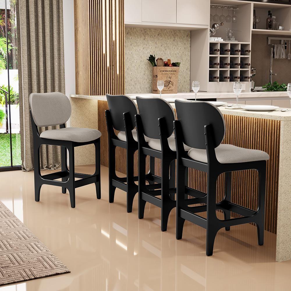 Kit 04 Banquetas Baixa Bar Cozinha E Sala De Jantar Fixa Betta L02 Preto Linho Bege - 4