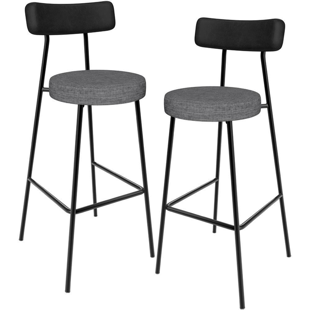 Kit 02 Banquetas Alta Cozinha Sala Jantar Milão L02 Couríssimo Preto Linho Cinza Escuro - 1