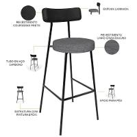 Kit 02 Banquetas Alta Cozinha Sala Jantar Milão L02 Couríssimo Preto Linho Cinza Escuro