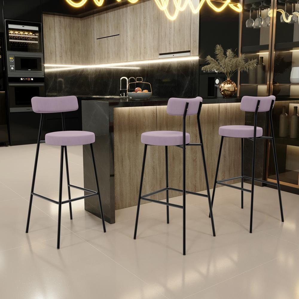 Kit 04 Banquetas Altas Bar Cozinha Sala De Jantar Em Aço Milão L02 Suede Rosê - 8