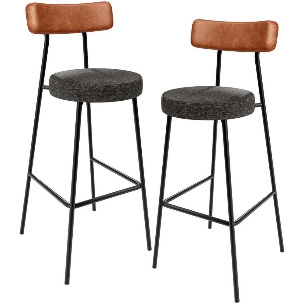 Kit 02 Banquetas Alta Cozinha Sala De Jantar Milão L02 Couríssimo Camel Linho Chumbo - 1