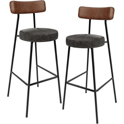 Kit 02 Banquetas Alta Milão L02 Assento Linho Base em Aço com Encosto Fixo Marrom