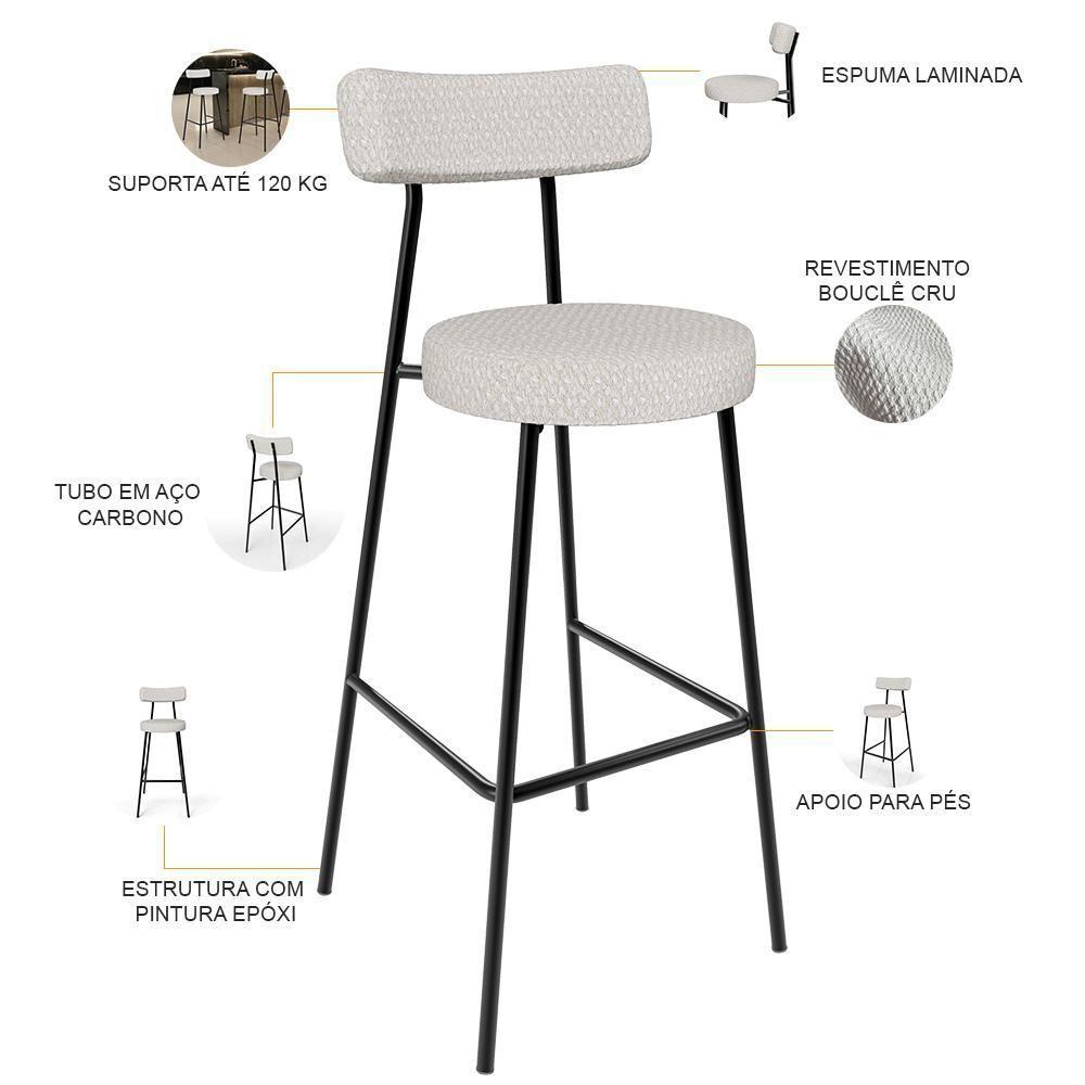 Kit 02 Banquetas Alta Cozinha Bar Sala Jantar Estrutura Em Aço Milão L02 Bouclê Cru - 4