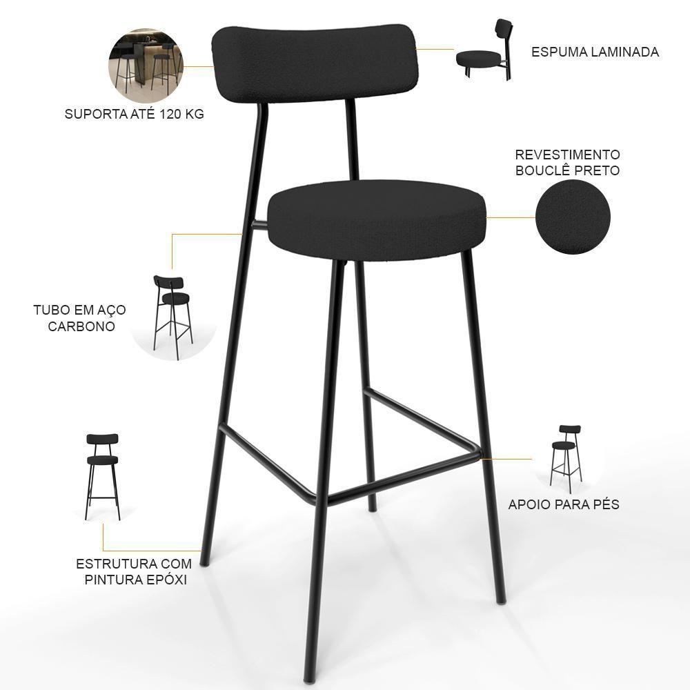 Kit 04 Banquetas Altas Bar Cozinha Sala De Jantar Em Aço Milão L02 Bouclê Preto - 5