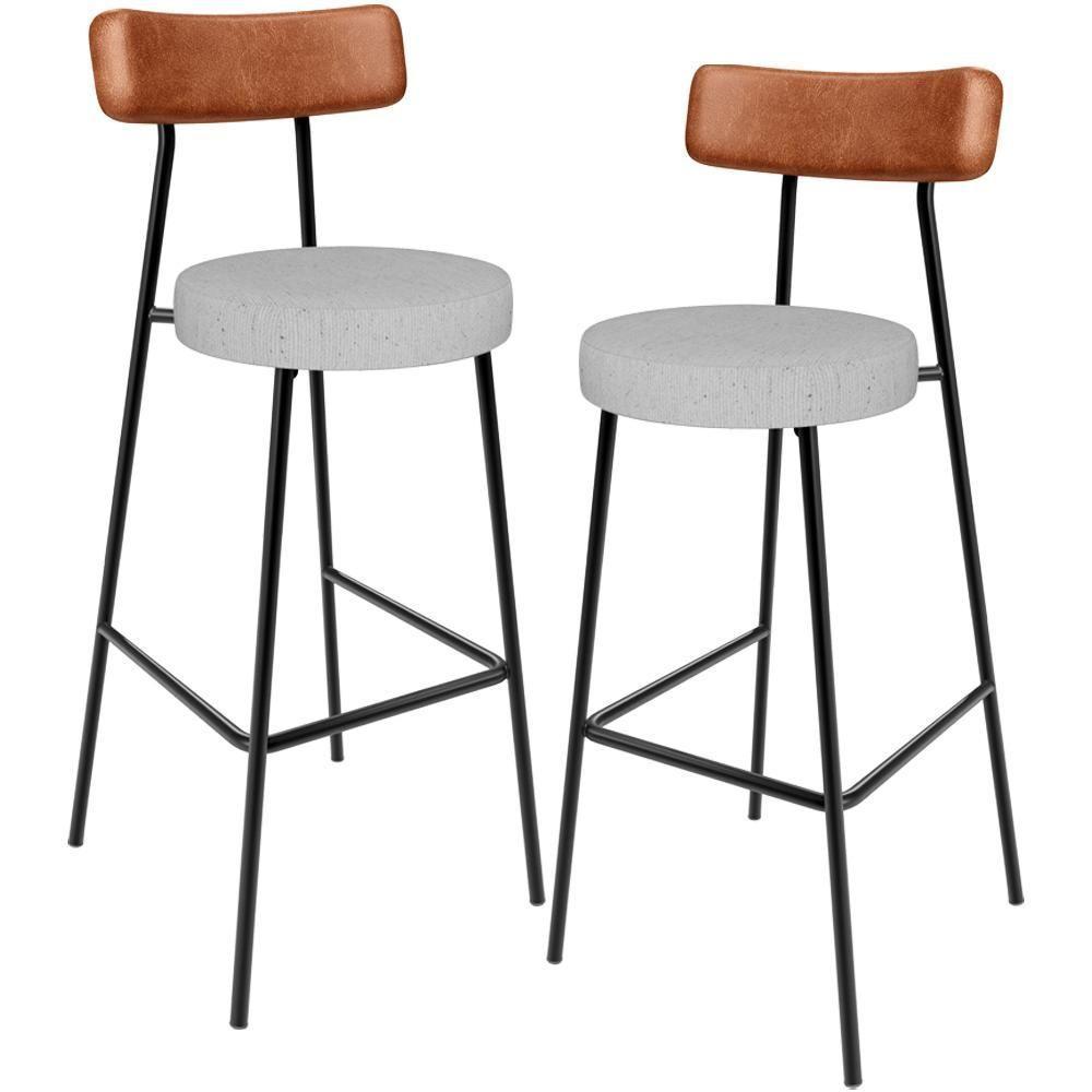 Kit 02 Banquetas Alta Cozinha Sala Jantar Aço Milão L02 Couríssimo Camel Linho Cinza - 1