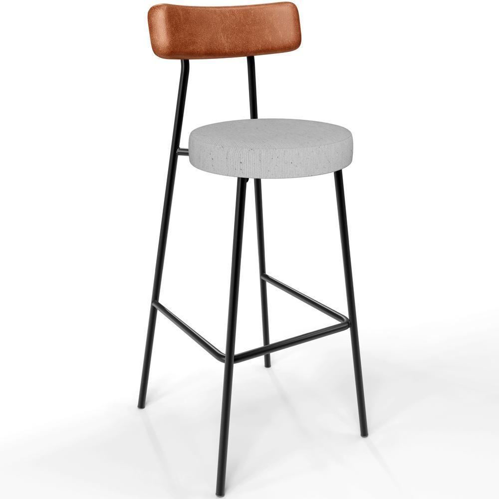 Kit 02 Banquetas Alta Cozinha Sala Jantar Aço Milão L02 Couríssimo Camel Linho Cinza - 7