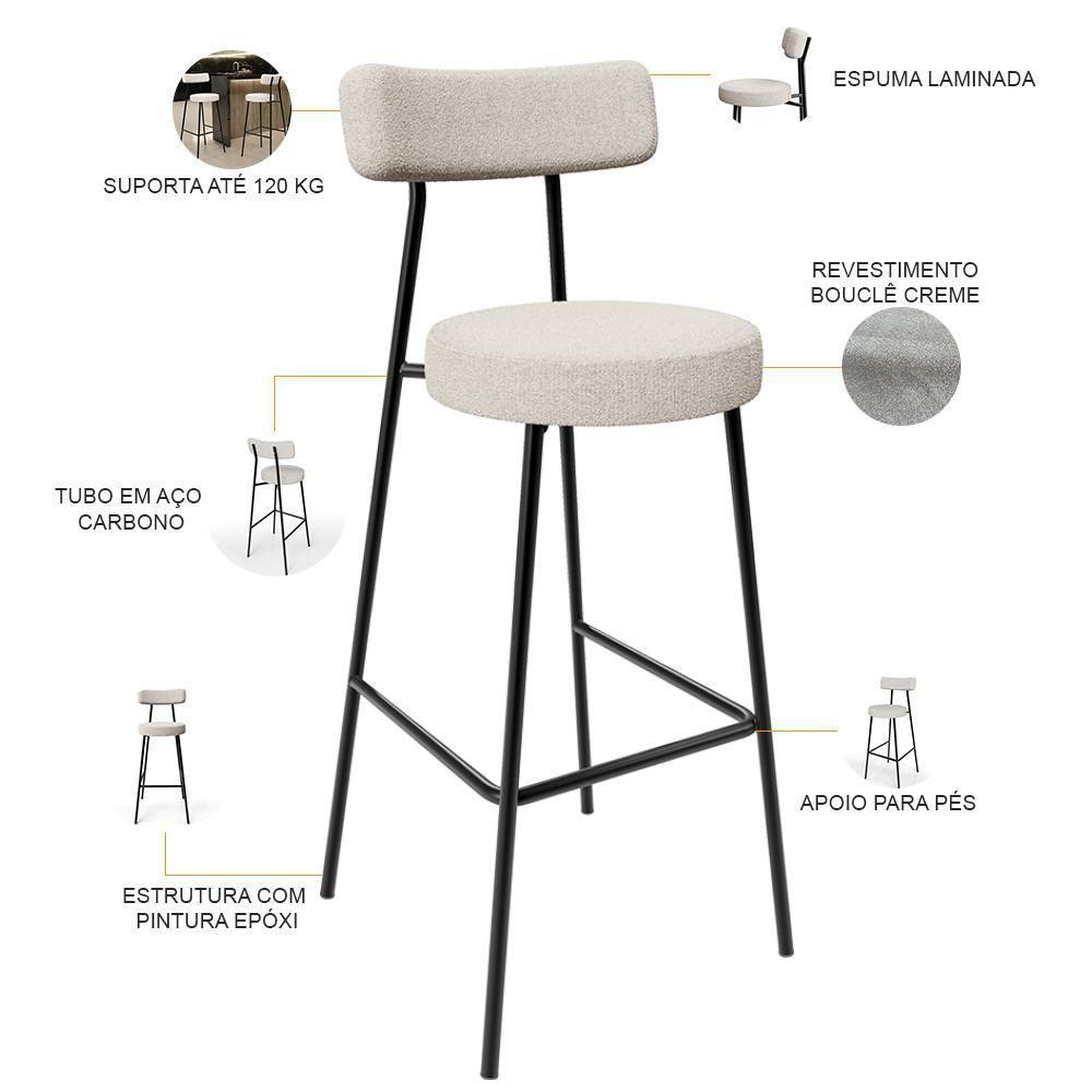 Kit 04 Banquetas Altas Bar Cozinha Sala De Jantar Em Aço Milão L02 Bouclê Creme - 6